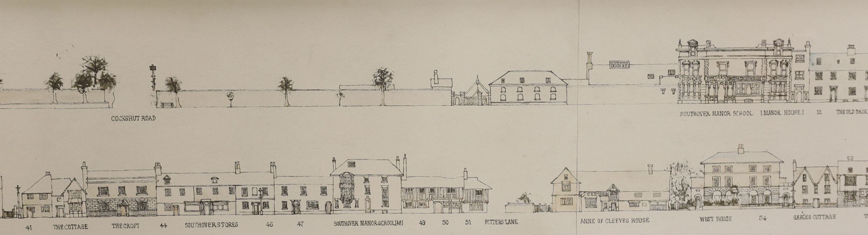 Gough, pen and ink, Priory Crescent and Southover High Street, Lewes, signed and dated 1964, 17 x 184cm